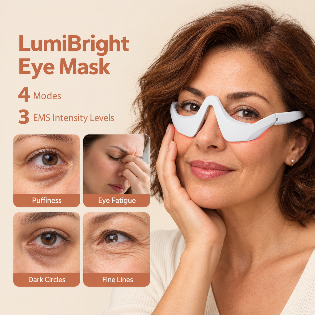 A woman wearing a LumiBright Eye Mask device over her eyes, shown against a beige background with promotional text reading 'LumiBright Eye Mask' and four small before/after-style eye close-ups labeled Puffiness, Eye Fatigue, Dark Circles, and Fine Lines.